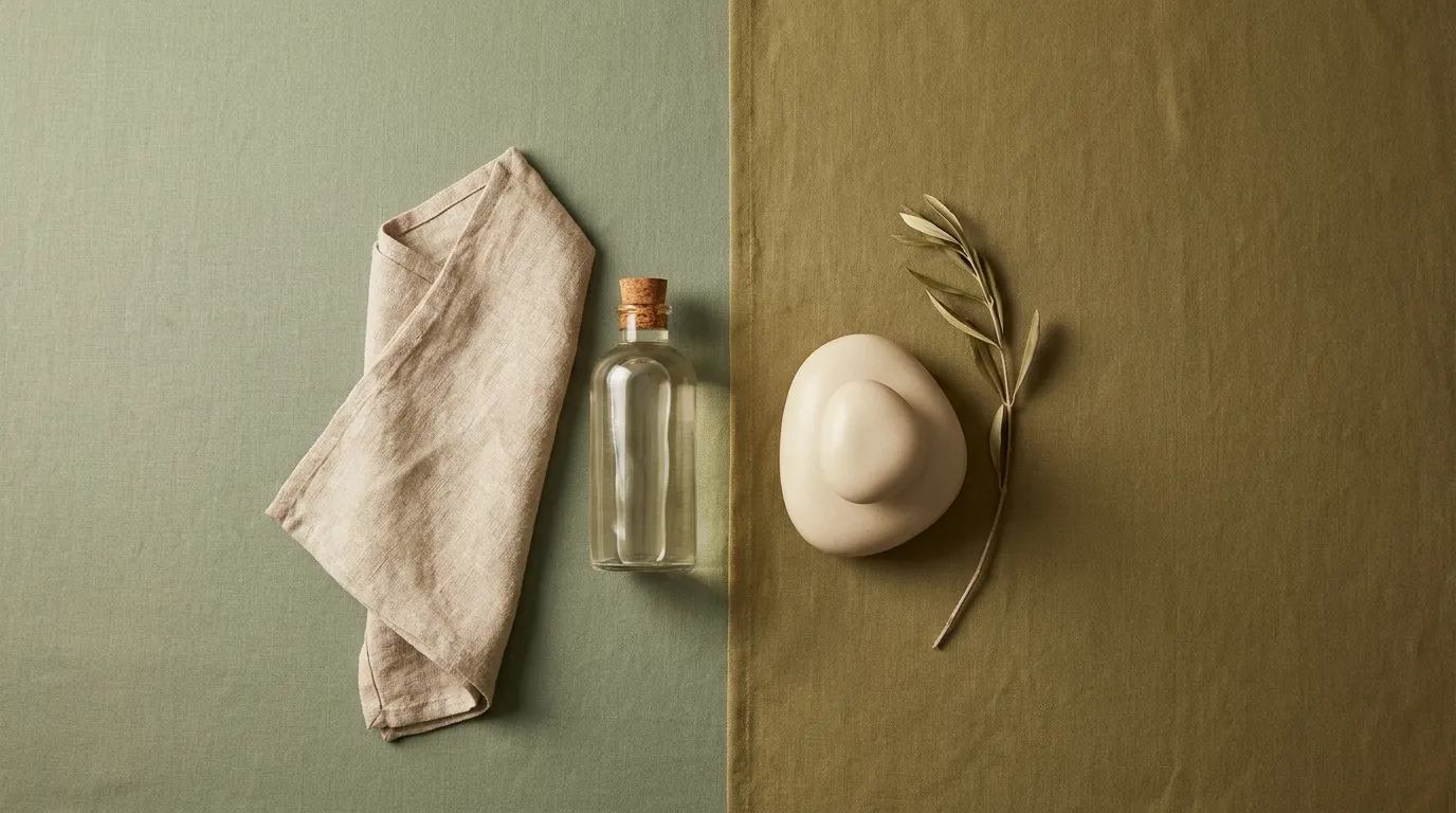 Rauhallinen wellness-flat-lay sammaleenvihreällä pinnalla — kirkas lasipullo, pehmeästi taiteltu pellavaliina, sileä abstrakti design-objekti ja oliivinoksa, kiireettömyyttä henkivä ihmisetön still-life