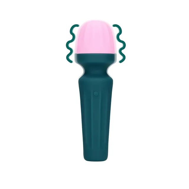 Loveline Mini wand tummanvihreänä vaaleanpunaisella päällä, pään ympärillä värinää kuvaavat viivat