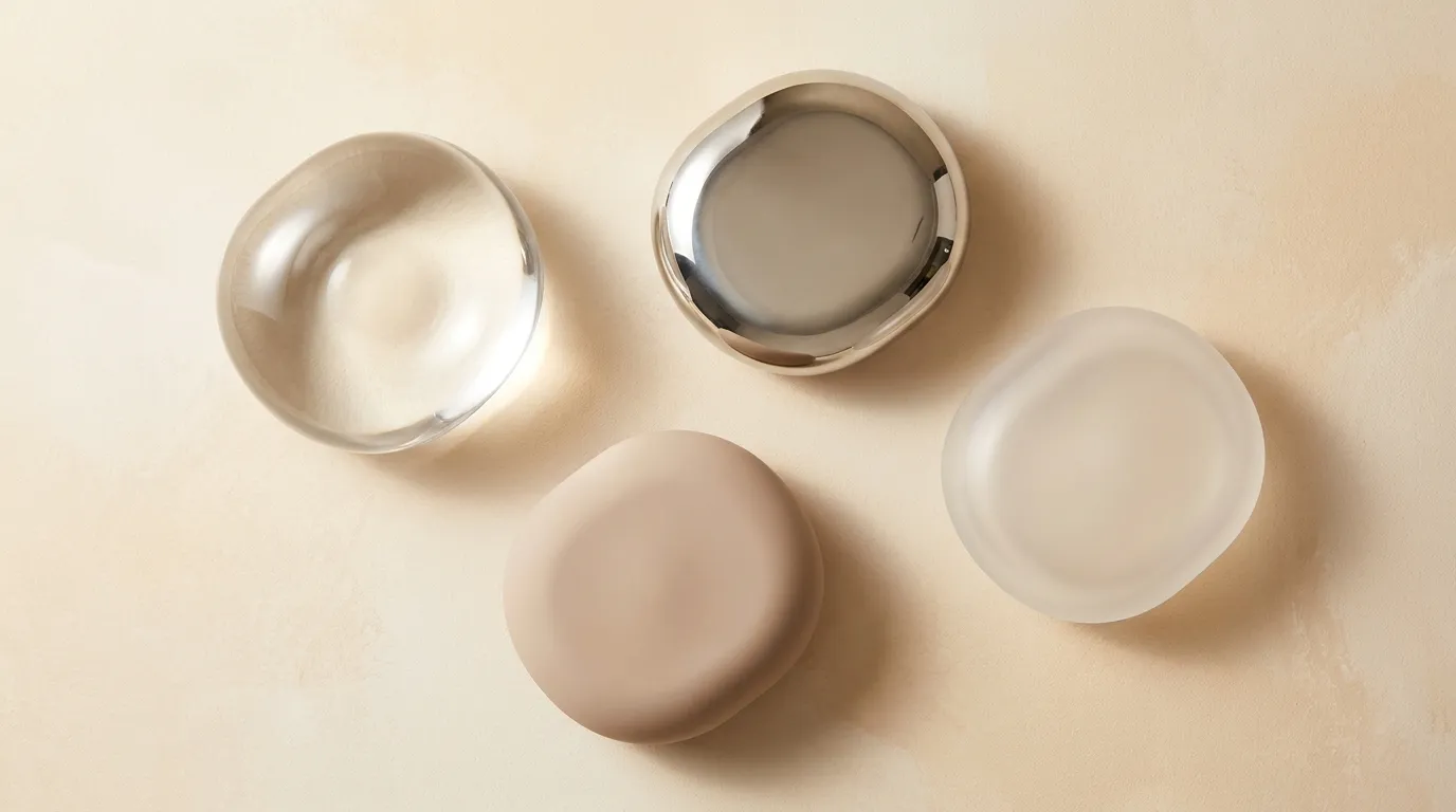 Materiaalinäyte-flat-lay kermanvärisellä pinnalla — neljä abstraktia design-objektia eri pinnoilla: kirkas lasi, kiiltävä metalli, matta silikoni ja huurteinen muovi, ihmisetön still-life