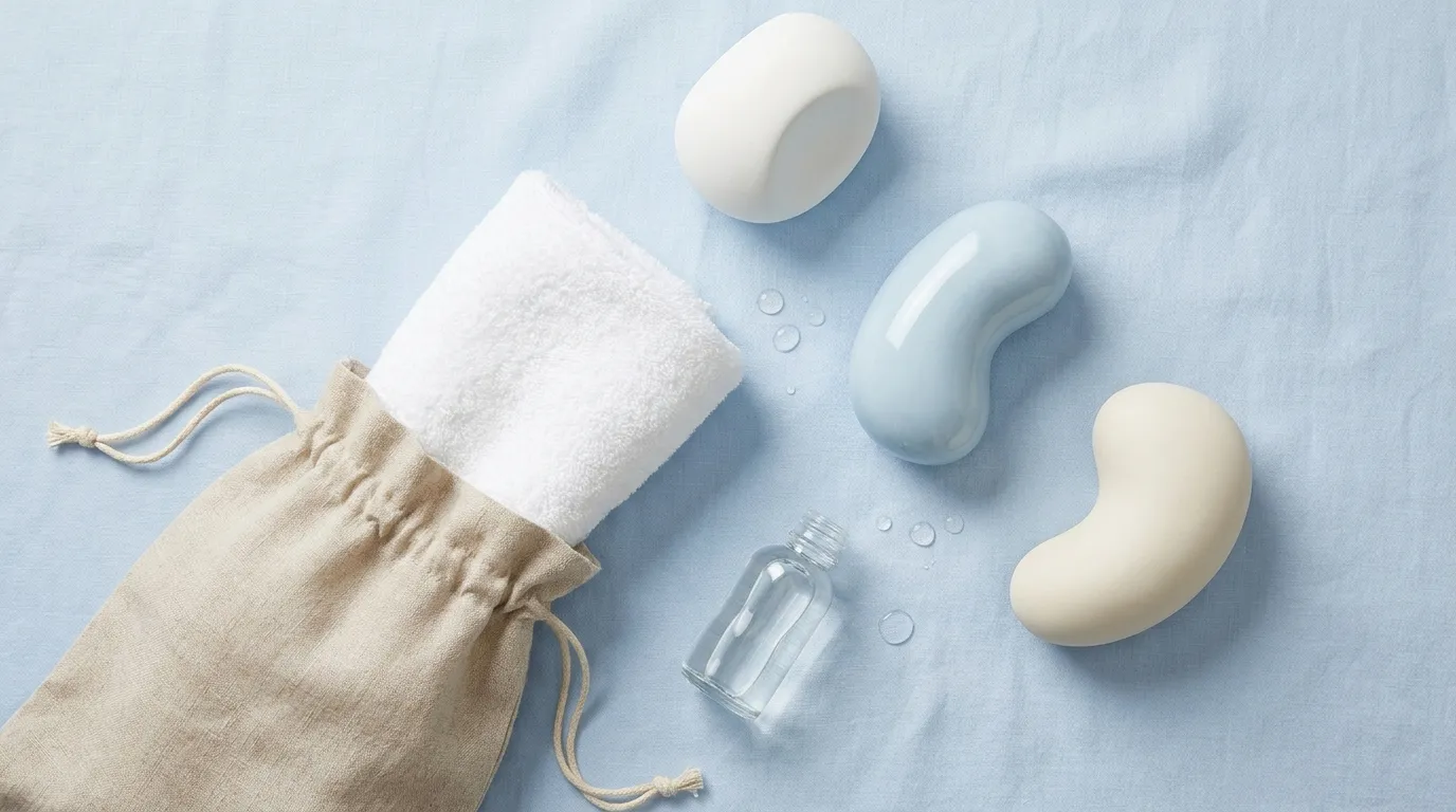 Hygienia-aiheinen flat-lay vaaleansinisellä pinnalla — sileitä abstrakteja design-objekteja, taiteltu valkoinen froteepyyhe luonnonvärisessä kangaspussissa, kirkas lasipullo ja vesipisaroita, ihmisetön still-life