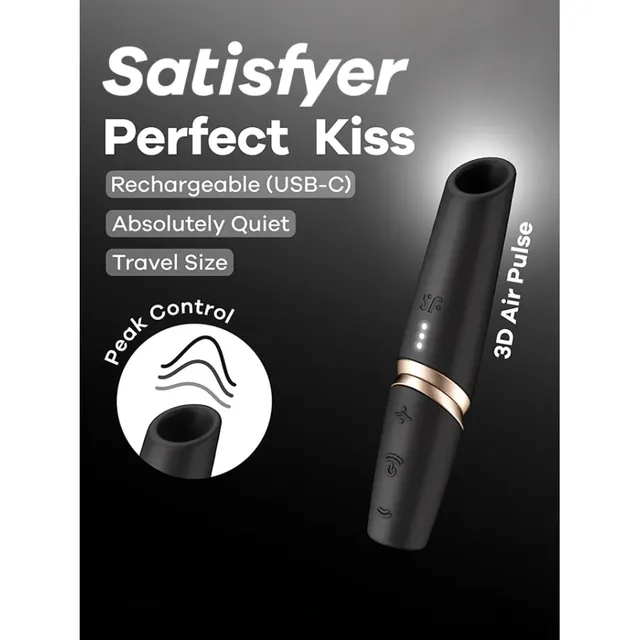 Satisfyer Perfect Kiss mustana huulipunan muotoisena laitteena valmistajan mainoskuvassa tummalla taustalla