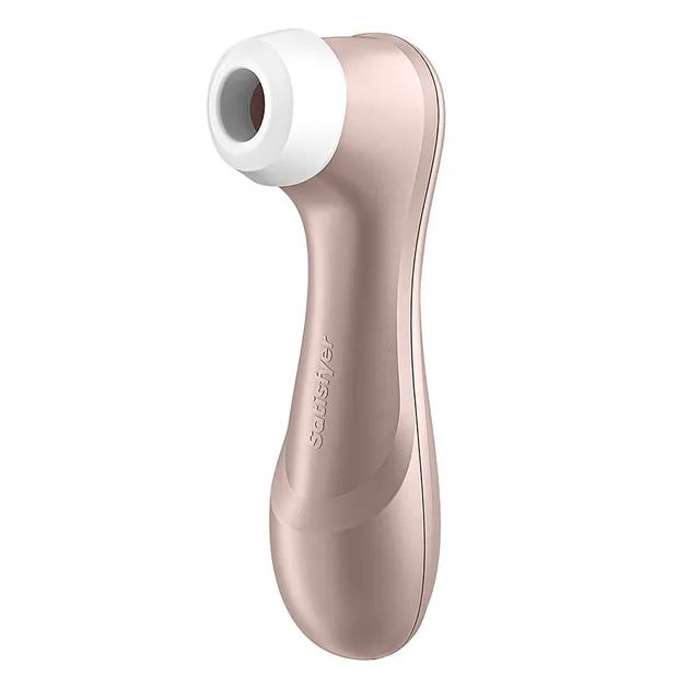 Satisfyer Pro 2 samppanjanvärisenä, valkoinen suutin ylhäällä, valkoisella taustalla