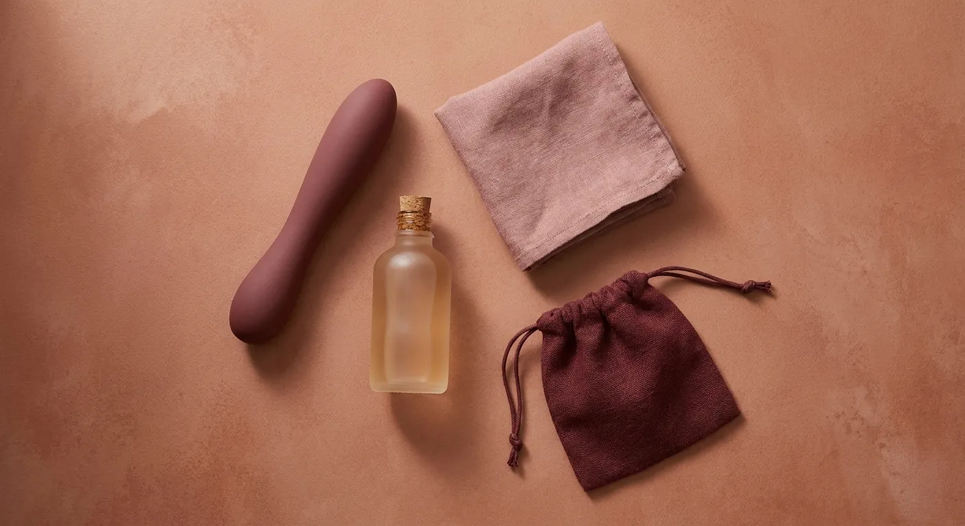 Aloittelijan seksilelujen tyylitelty flat-lay — sileä vibraattori, liukuvoidepullo, taiteltu liina ja kangaspussi lämpimän roosansävyisellä pinnalla, ihmisetön still-life