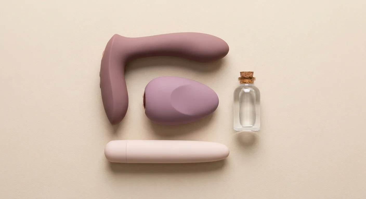 Aloittelijan vibraattoreita flat-lay-asetelmassa — pieni luotimalli, sauvamalli ja klitorisstimulaattori vaalealla pinnalla liukuvoidepullon kanssa, ihmisetön still-life